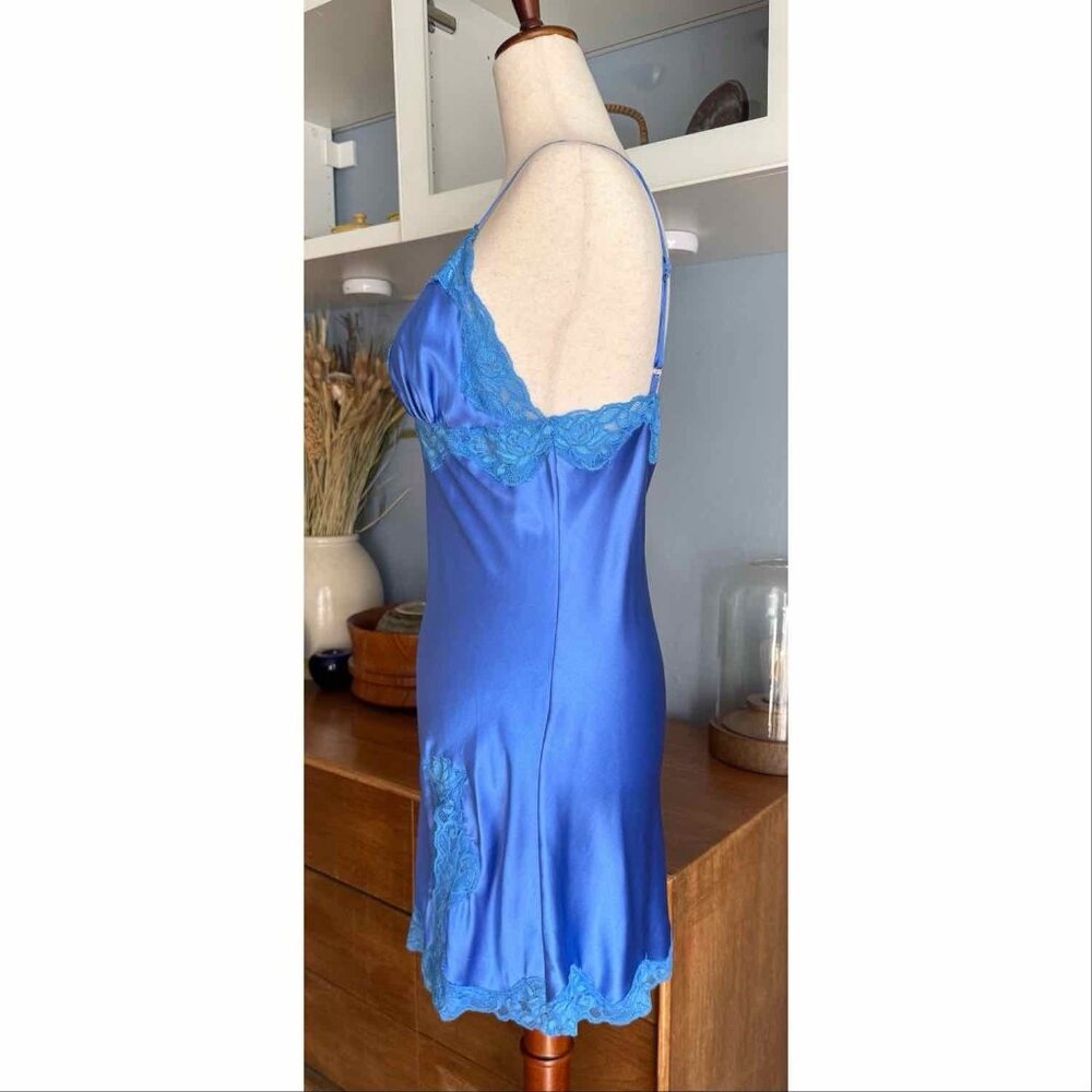 VTG Mary Green Silk Y2K Coquette Fairy Lace Trim Chemise Slip Dress M Blue - Picture 5 of 8